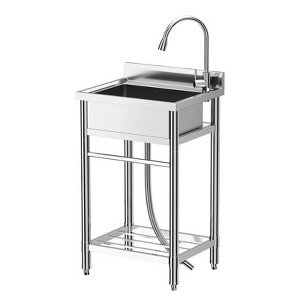 Freestanding Stainless Steel Utility Sink 24x20x41", Single Bowl, Hot & Cold Faucet, Adjustable Legs, Rapid Drainage, Built-in Knife Storage - 1 of 4