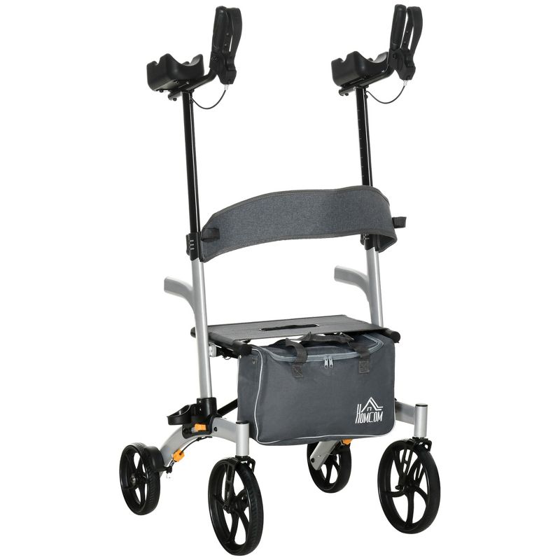 HOMCOM Aluminum Forearm Rollator Walker for Seniors and Adults with 10'' Wheels Backrest Folding Upright Walker with Adjustable Handle Height Silver, 1 of 7