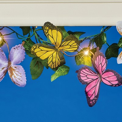 Solar LED Lighted Multicolor Butterfly Garland with Greenery, 116"