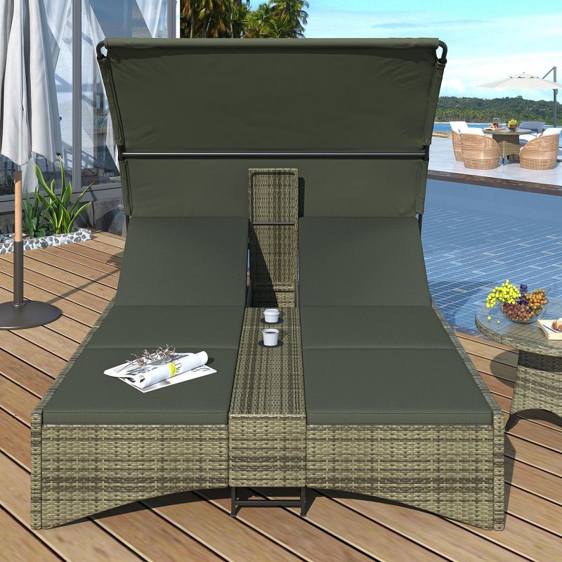 Outdoor Rattan Sun Lounger, Patio Double Daybed with Shelter Roof with Adjustable Backrest, Storage Box and 2 Cup Holders, 4A -ModernLuxe, 2 of 17
