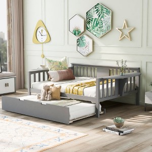 NicBex 79.5" Full Daybed with Trundle Wooden Frame Day Bed with Slatted Sides and Armrest shelves for Living Rooms - 1 of 4
