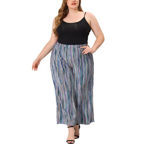 Agnes Orinda Women's Plus Size Boho Palazzo Elastic Waist Stripe Wide Leg Lounge  Pants Blue 3x : Target