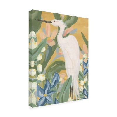 Floral Egret I White and Green Canvas Art