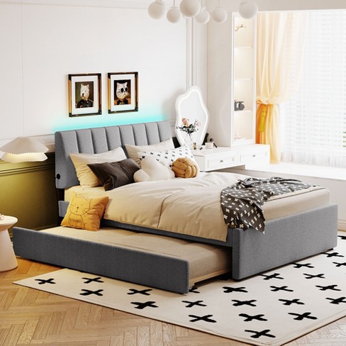 Full Size Teddy Fleece Upholstered Platform Bed With Trundle Bed And Led Lights Gray modernluxe Target