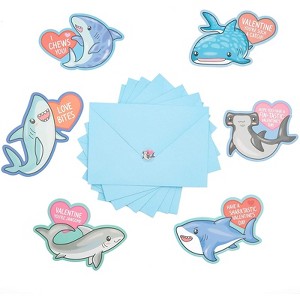 Pipilo Press 36 Pack Shark Valentine's Cards with Envelope, 6 Heart Designs & 9 Sheets Stickers, 3.5 x 6 In, Kids Blank Notecards - 1 of 4