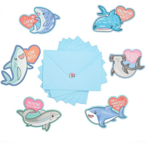 Pipilo Press 36 Pack Shark Valentine's Cards for Kids with Stickers and Envelopes, Valentines Classroom Exchange, 6 x 3.5 in - image 1 of 4