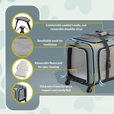 Gray and Blue Expandable Rolling Pet Carrier with Mesh Windows
