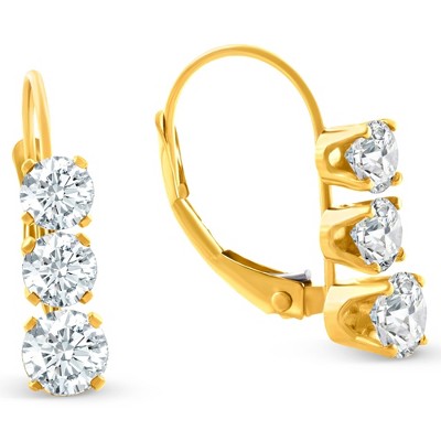 Pompeii3 1/2ct 3 Stone Diamond Earrings 14K Yellow Gold Lever Back Hoops