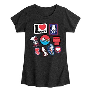 Girls' - Peanuts - I Heart Snoopy Patches Fitted Short Sleeve Graphic T-Shirt - 1 of 4