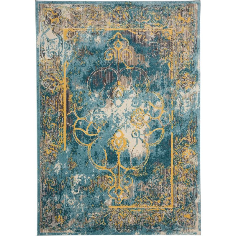 Keats Transitional Distressed Blue/Yellow/Taupe Area Rug, 1 of 9