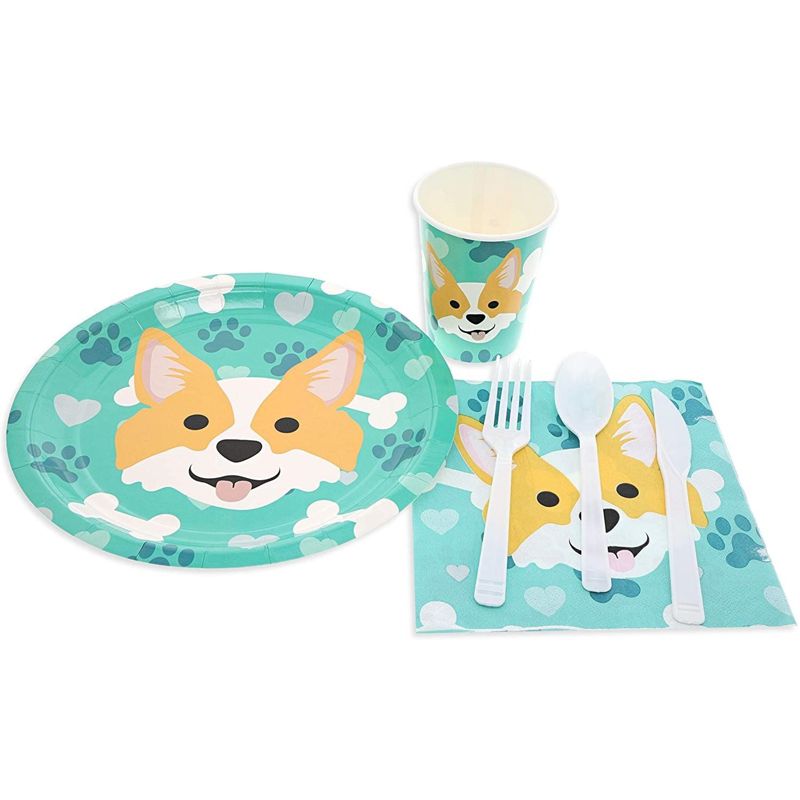 Blue Panda 144 Piece Puppy Dog Party Supplies, Corgi Birthday Decorations with Paper Plates, Napkins, Cups, and Cutlery (Serves 24), 4 of 10