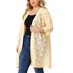 Agnes Orinda Women's Plus Size Lace Open Front 3/4 Sleeve Long Cardigans - 1 of 4