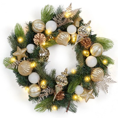 24 Inch Lighted Christmas Wreath with Golden Christmas Balls Ornaments, Pre-lit Xmas Wreath Battery Operated for Front Door Gate
