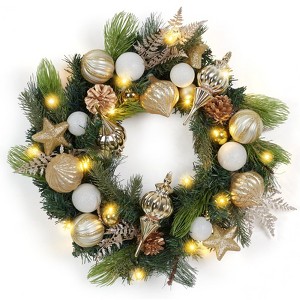 24 Inch Lighted Christmas Wreath with Golden Christmas Balls Ornaments, Pre-lit Xmas Wreath Battery Operated for Front Door Gate - 1 of 4
