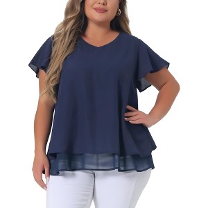 Agnes Orinda Women's Plus Size V Neck Short Flare Sleeve Double Layers Chiffon Casual Summer Blouses - 1 of 4