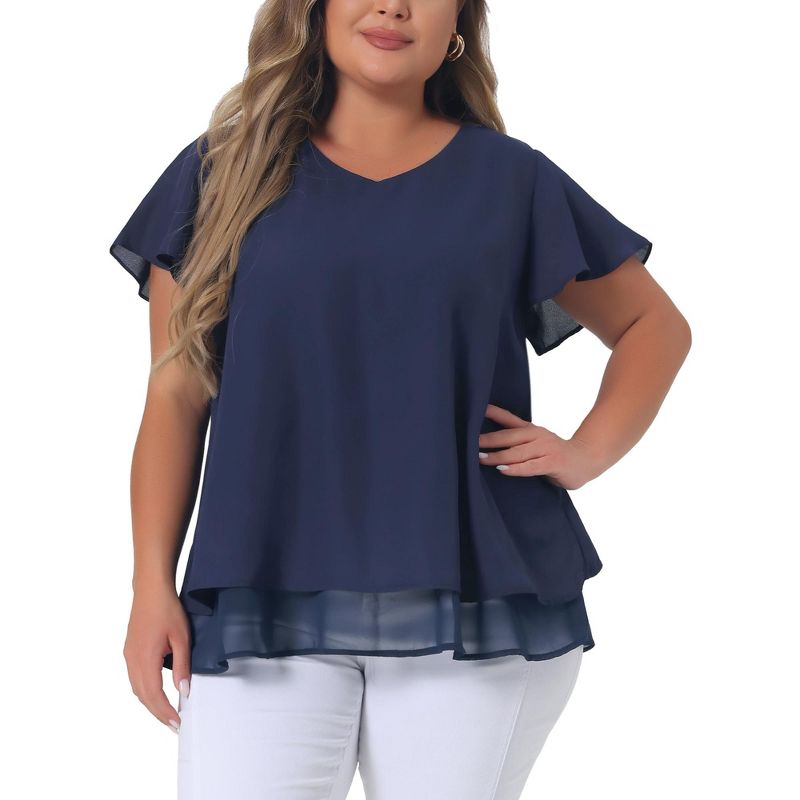 Agnes Orinda Women's Plus Size Casual V Neck Short Flare Sleeve Double Layers Chiffon Summer Blouses, 1 of 6