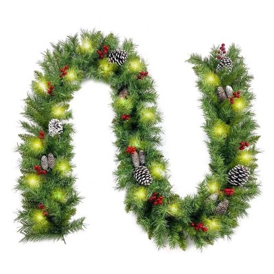 WOPET 9ft Christmas Garland - 50 LED Lights, 20 Snowy Pinecones, 98 Red Berries, Battery Operated with Timer and 8 Modes
