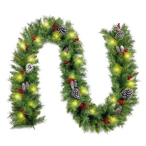 WOPET 9ft Christmas Garland - 50 LED Lights, 20 Snowy Pinecones, 98 Red Berries, Battery Operated with Timer and 8 Modes - 1 of 1