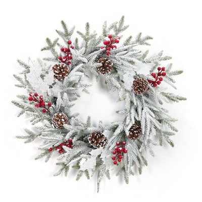 GAOMON 24" Christmas Wreath, Snow Frosted Pre-Lit Wreath with Berries & Pine Cones, Home Indoor Outdoor Artificial