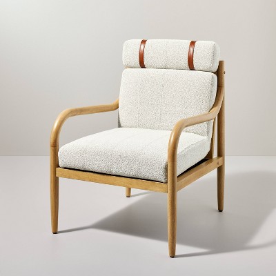 Cream Woven Leather Arm Chair With Original Boucle Cushioned Seat