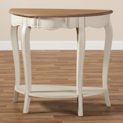 Cordelia 32" White and Natural Wood Demilune Console Table with Storage