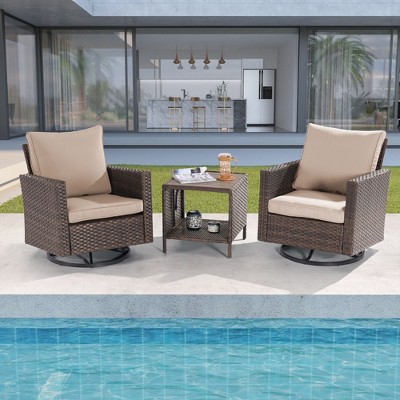 Sonkuki 3-Piece Patio Chair Set Brown Rattan Swivel Rocking Chair Set Coffee Table Suiting Backyard