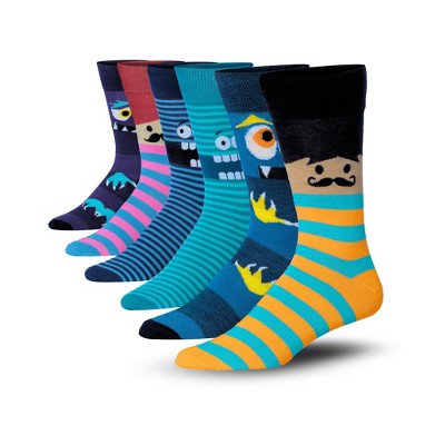 JAMES FIALLO Mens 6 Pairs Funky Fantasy Grinning Monster Colorful Patterned Crew Dress Socks