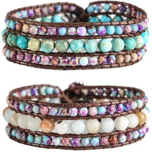 Boho Handmade Natural Stone Bead Bracelet, 3-Row Wide Wrap Wrist Statement Jewelry for Women - 1 of 4