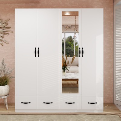 White Wood Armoire with Mirror, 4 Drawers, and Shelves
