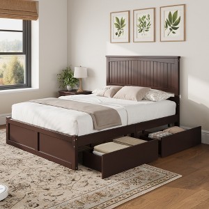 AMERLIFE Solid Wood Storage Mid-Century Bed Frame with 50" Headboard, 2 Drawers, No Box Spring Needed, Noise-Free - 1 of 4