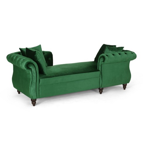 Houck Modern Glam Tufted Velvet Tete A Tete Chaise Lounge with Accent Pillows Emerald Dark Brown Christopher Knight Home