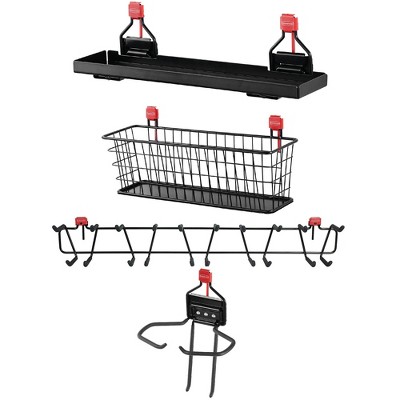 Rubbermaid Outdoor Storage Accessory Shelf (1 Pack); Mounted Basket Organizer (1 Pack); Tool Holder Accessory (1 Pack); 34 Inch Tool Rack (1 Pack)