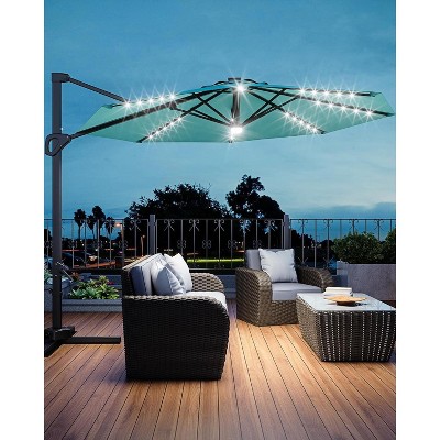 10FT Cantilever Patio Umbrella with LED Lights, 360° Rotating Offset Sun Shade, Windproof Outdoor Umbrella with Base for Garden, Deck, Pool