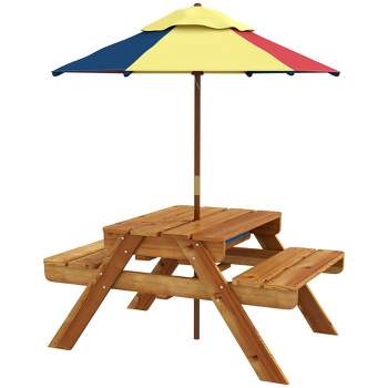 Outsunny Kids Picnic Table, 3 in 1 Sand and Water Activity Table w/ Foldable Umbrella, 2 Play Boxes, Removable Top, Aged 3-6 Years Old, Teak