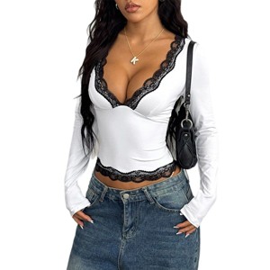 Coolmee Womens Sexy Deep V-Neck Long Sleeve Shirts Slim Fitted Fashion Lace Going Out Crop Top - 1 of 4