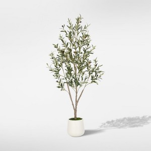 Romswi 5 ft Olive Artificial Tree, with White Round Planter, Pre Potted Artificial Tree, with Lifelike Wood Trunk and Natural Fruits for Indoor Decor - 1 of 4