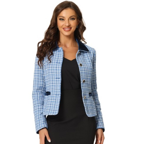 Unique Bargains Women's Plaid Tweed Blazer Long Sleeve Open Front Work  Jacket L Black