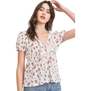 Slickblue Floral Waffle Top with Tie Front, Peplum Hem, Short Sleeve, Women's Casual Top, Blush, S - 1 of 4