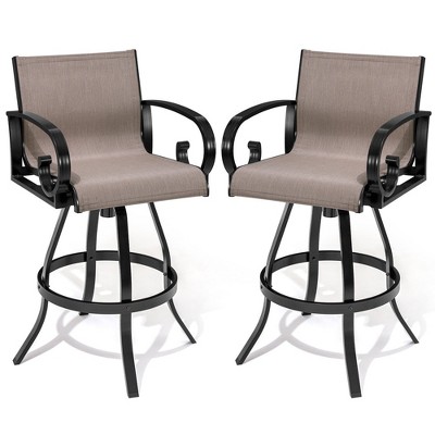 Crestlive Products Patio Sunbrella Swivel Bar Stools Set of 2 Outdoor Bar Height Barstools Aluminum Bar Chairs with High Back Armrest and Footrest