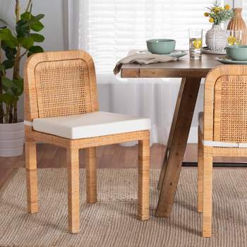 2pc ZariahRattan and Mahogany Wood Dining Chairs White/Natural Brown - Baxton Studio: Upholstered, Bohemian Style, No Assembly Required