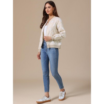 INSPIRE CHIC Women's Collarless Long Sleeve Floral Zip Up Ribbed Cuff Cropped Bomber Jackets Medium Khaki — фото 4