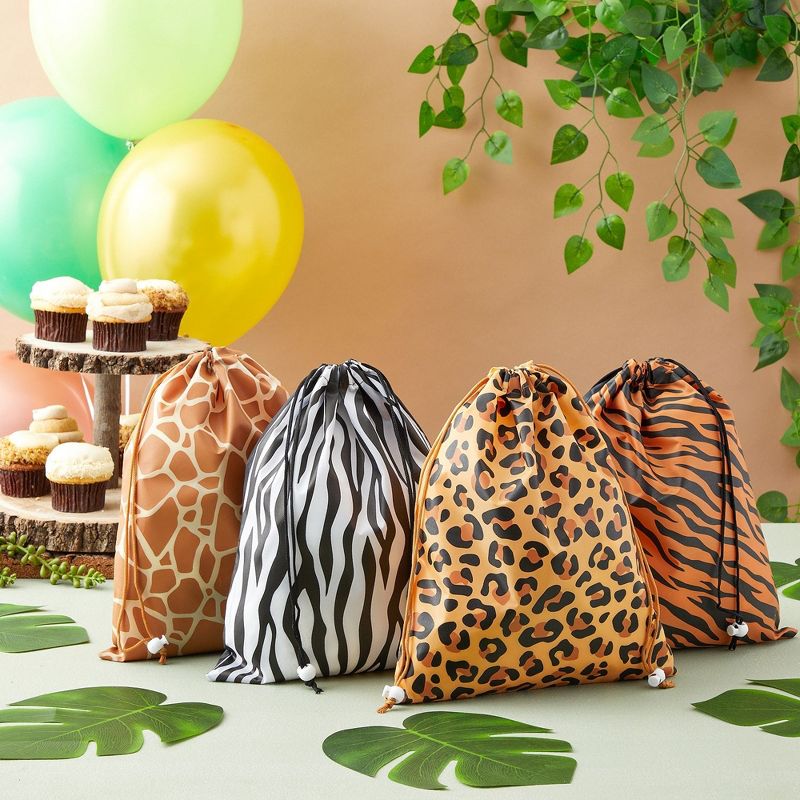 Blue Panda 12 Pack Animal Print Drawstring Gift Bags for Jungle Safari Birthday Party Favors (4 Designs, 10 x 12 In), 2 of 9