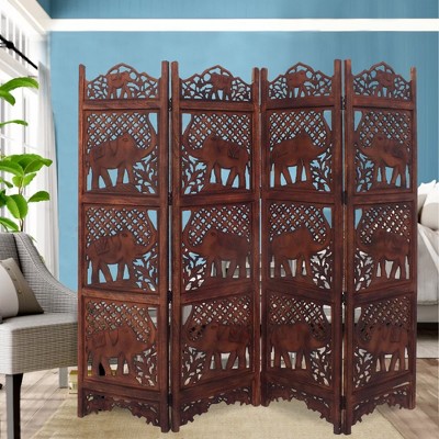 Royal Hampton - Hand Carved Foldable 4 Panel Wooden Room Divider with Elephant Design