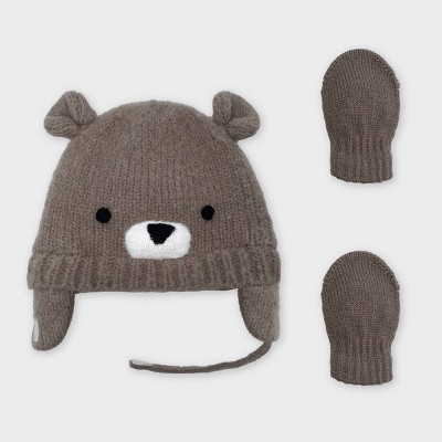 Image of Baby Boys' Knit Bear Critter Hat and Magic Mittens Set - Cat & Jack™ Brown Newborn