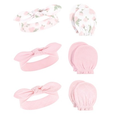 Hudson Baby Infant Girl Cotton Headband and Scratch Mitten 6pc Set, Roses, 0-6 Months