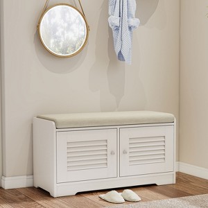 KTMBDW 28.74" Shoe Storage Bench with 2 Door Cabinet & Padded Seat Cushion, Shoe Cabinet, Shoe Bench Shoe Organizer for Entryway, Hallway, White - 1 of 4