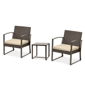 Aoodor 3 Pieces Patio Furniture Set Outdoor Rattan Conversation Bistro Set with Coffee Table for Yard, Garden, Balcony,Backyard - 1 of 4