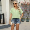 Women's V Neck Jacquard Button Short Sleeve T-Shirt Loose Hollow Top - 2 of 4