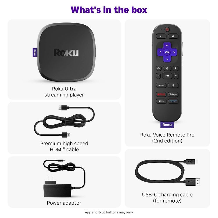 Roku Ultra streaming player with Roku Voice Remote Pro, premium high speed HDMI cable, power adaptor, and USB-C charging cable.