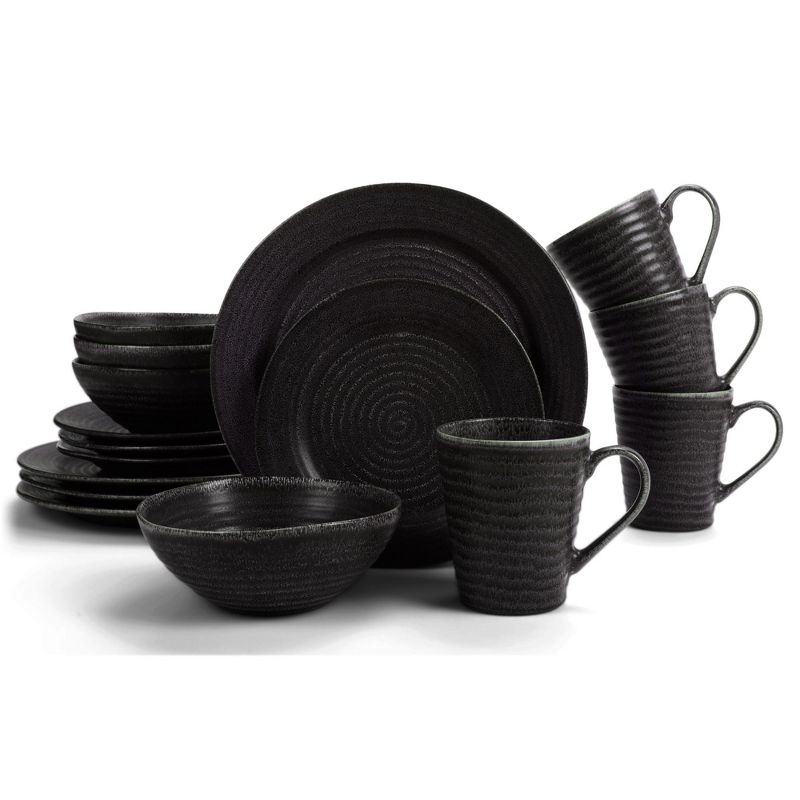 Elanze Designs Chic Ribbed Modern Thrown Pottery Look Ceramic Stoneware Kitchen Dinnerware 16 Piece Set - Service for 4, Black With White, 1 of 6